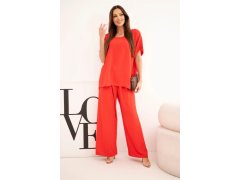 Dámský komplet Plus Size halenka a kalhoty s širokou nohavicí červený 1