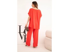 Dámský komplet Plus Size halenka a kalhoty s širokou nohavicí červený 2