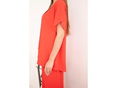 Dámský komplet Plus Size halenka a kalhoty s širokou nohavicí červený 3
