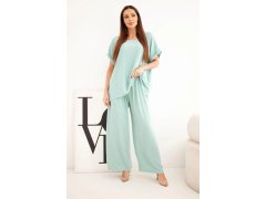 Dámský komplet Plus Size halenka a kalhoty se širokými nohavicemi tmavě mentolová 1