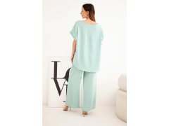Dámský komplet Plus Size halenka a kalhoty se širokými nohavicemi tmavě mentolová 2
