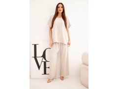 Dámský komplet Plus Size halenka a kalhoty se širokými nohavicemi béžová 1