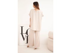 Dámský komplet Plus Size halenka a kalhoty se širokými nohavicemi béžová 2