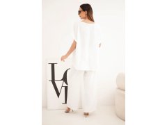 Dámský komplet Plus Size, halenka a kalhoty se širokými nohavicemi ecru 2