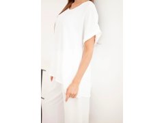 Dámský komplet Plus Size, halenka a kalhoty se širokými nohavicemi ecru 3