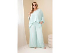 Dámský komplet Plus Size z viskózy se širokými kalhotami a halenkou mátový 1
