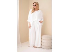 Dámský komplet Plus Size z viskózy se širokými kalhotami a halenkou bílý 1