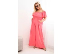 Dámský overal Plus Size s volánem a krátkým rukávem růžový 1