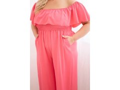 Dámský overal Plus Size s volánem a krátkým rukávem růžový 3