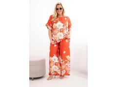 Dámský set Plus Size s halenkou a kalhotami s širokými nohavicemi s květinovým vzorem rezavá 1