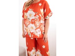 Dámský set Plus Size s halenkou a kalhotami s širokými nohavicemi s květinovým vzorem rezavá 3
