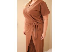 Dámský bavlněný overal Plus Size se zavazováním v pase velbloudí 3