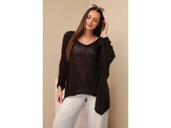 Dámský svetr dírkovaný oversize s výstřihem do V a delším zadním hnědý 1
