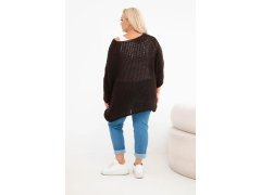 Dámský svetr dírkovaný oversize s výstřihem do V a delším zadním hnědý 2