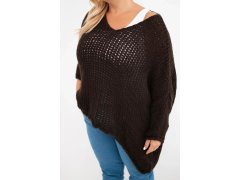 Dámský svetr dírkovaný oversize s výstřihem do V a delším zadním hnědý 3