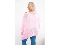 Dámský svetr průsvitný oversize s výstřihem do V a delším zadním dílem růžová cukrová 2