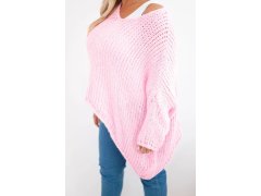 Dámský svetr průsvitný oversize s výstřihem do V a delším zadním dílem růžová cukrová 3