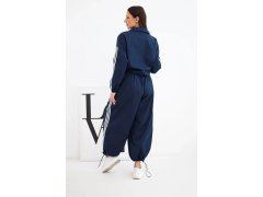 Dámský bavlněný komplet s oversized kalhotami a kontrastními lampasy modrý 2