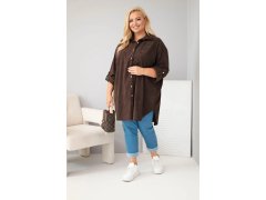 Dámská košile Plus Size z viskózy manšestrová s odepínacími rukávy hnědá 1