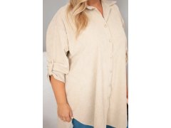 Dámská košile Plus Size z viskózy manšestrová s odepínacími rukávy béžová 3