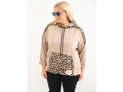 Dámská mikina Plus Size z viskózy s kapucí a leopardími vsadkami camelová 1