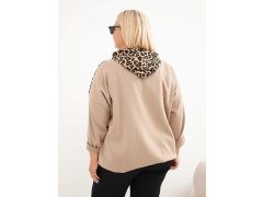 Dámská mikina Plus Size z viskózy s kapucí a leopardími vsadkami camelová 2