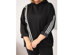 Dámská mikina Plus Size z viskózy s kapucí a ozdobnými proužky černá 3