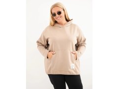 Dámská mikina Plus Size viskózová s kapucí a klokaní kapsou camelová 1