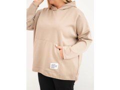 Dámská mikina Plus Size viskózová s kapucí a klokaní kapsou camelová 3