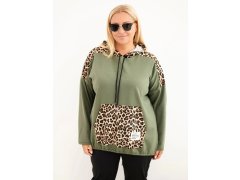 Dámská mikina Plus Size viskózová s kapucí a leopardími vložkami khaki 1