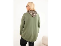 Dámská mikina Plus Size viskózová s kapucí a leopardími vložkami khaki 2