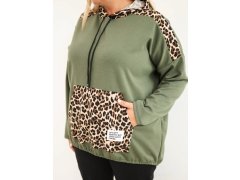 Dámská mikina Plus Size viskózová s kapucí a leopardími vložkami khaki 3