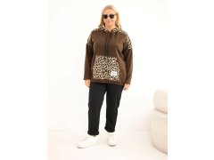 Dámská mikina Plus Size z viskózy s kapucí a leopardími vsadkami hnědá 2