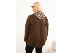Dámská mikina Plus Size z viskózy s kapucí a leopardími vsadkami hnědá 3