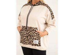 Dámská mikina Plus Size z viskózy s kapucí a panterkovými vsadkami béžová 3