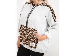 Dámská mikina Plus Size z viskózy s kapucí a leopardími detaily šedá 3