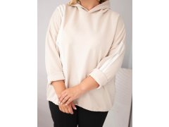 Dámská mikina Plus Size z viskózy s kapucí a ozdobnými proužky béžová 3