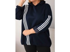 Dámská mikina Plus Size z viskózy s kapucí a ozdobnými pásky modrá 3