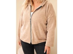 Dámská mikina Plus Size manšestrová s kapucí a zipem oversize camelová 3