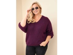 Dámský svetr Plus Size s výstřihem do V a širokým rukávem fialová tmavá 1