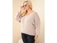 Dámský svetr Plus Size s výstřihem do V a širokým rukávem béžový tmavý 1
