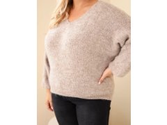 Dámský svetr Plus Size s výstřihem do V a širokým rukávem béžový tmavý 3