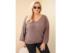 Dámský svetr Plus Size s výstřihem do V a širokým rukávem mocca 1