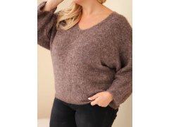 Dámský svetr Plus Size s výstřihem do V a širokým rukávem mocca 3