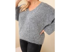 Dámský svetr Plus Size s výstřihem do V a širokým rukávem šedý 3