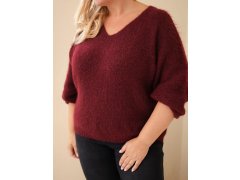 Dámský svetr Plus Size s výstřihem do V a širokým rukávem bordó 3