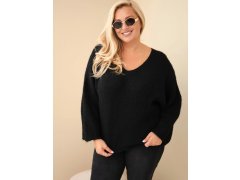 Dámský svetr Plus Size s výstřihem do V a širokým rukávem černý 1