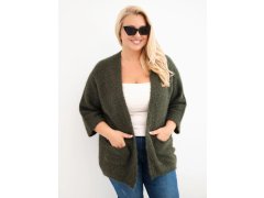 Dámský svetr Plus Size s kapsami bez zapínání khaki 1