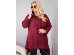 Dámská bavlněná mikina Plus Size s kapucí a pleteným pruhem bordó barva 1