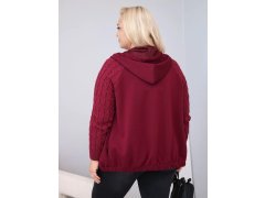 Dámská bavlněná mikina Plus Size s pletenými rukávy a kapucí bordó červená 2